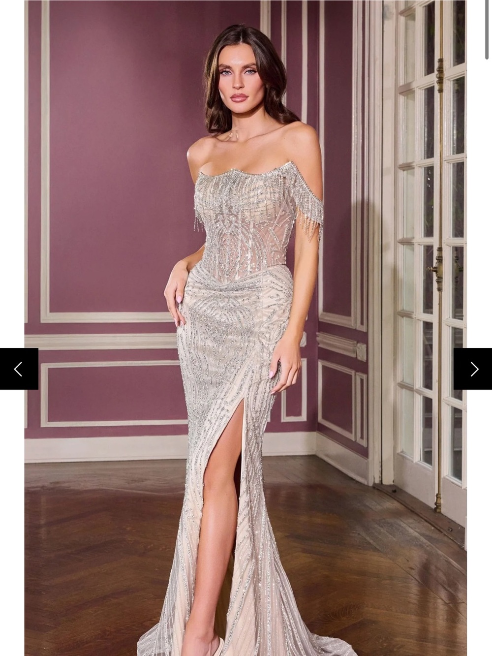 Prom wedding guest Silver Beaded Strapless Evening Gown with Fringe